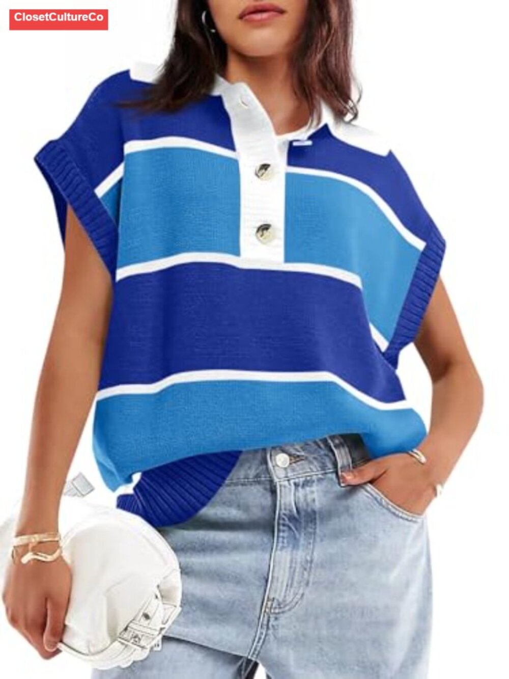 Women's V Neck Button Down Striped Knit Sweater Short Sleeve